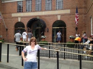 girl with Atlanta Braves shirt standing in front of the Baseball Hall of Fame