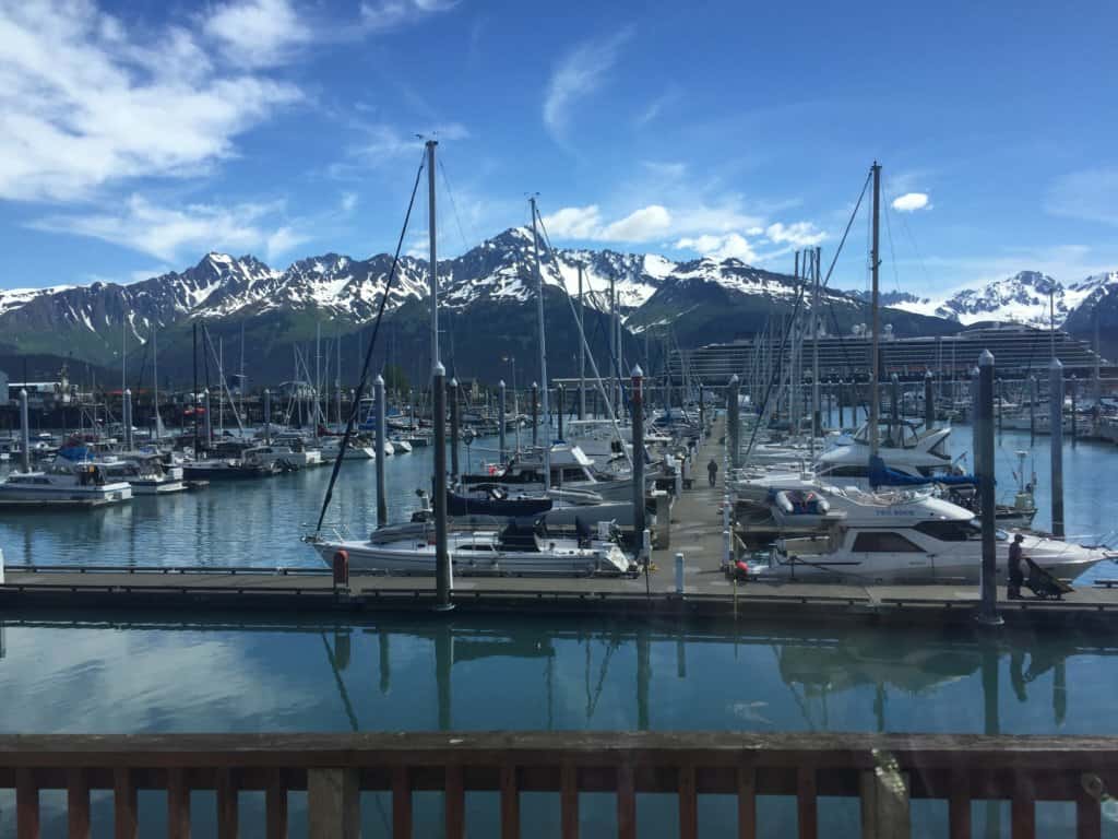 many boats at a dock with snow capped mountains in the background