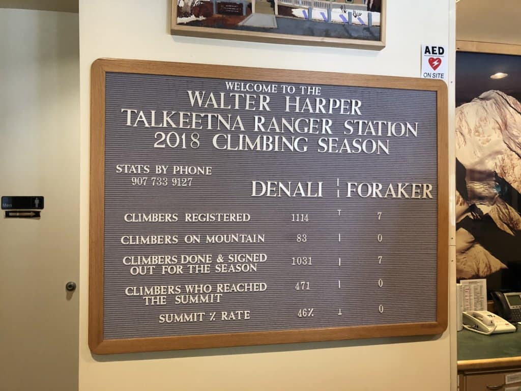 Sign at Ranger Station with details of hikers on Denali and Foraker