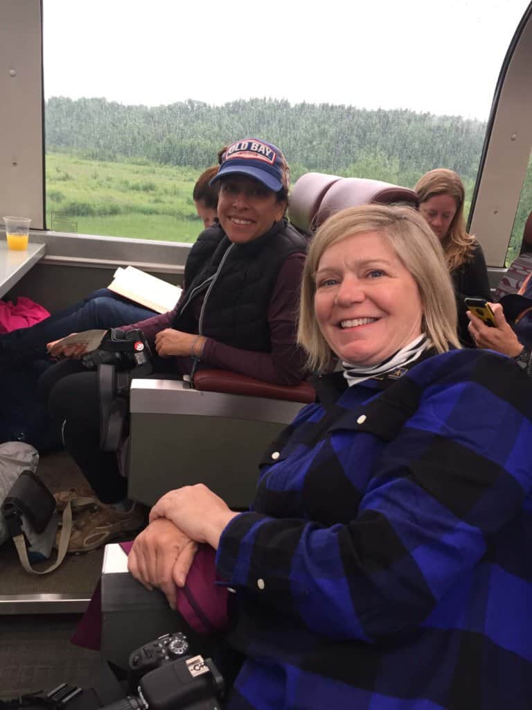 2 women sitting on train