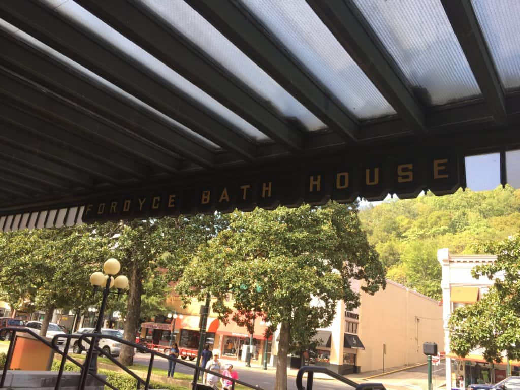Awning of a building with the name Fordyce Bathhouse