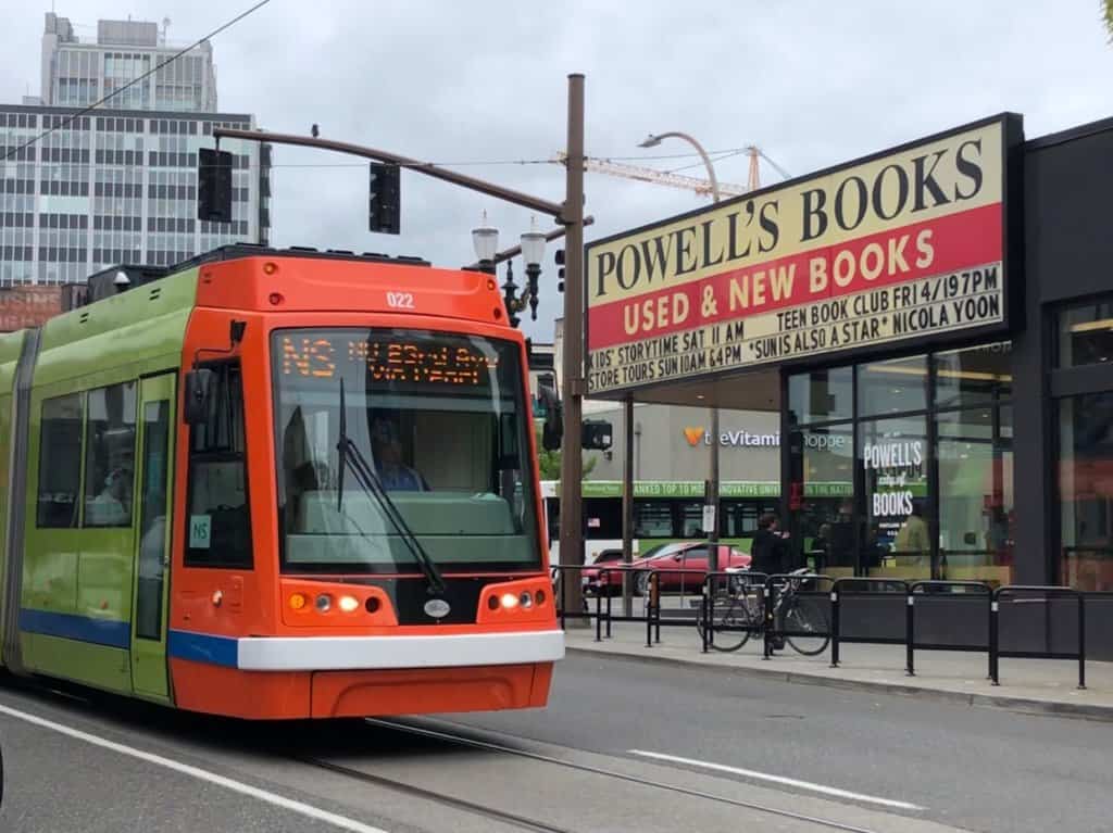 street tram in front of a store named Powell's Books