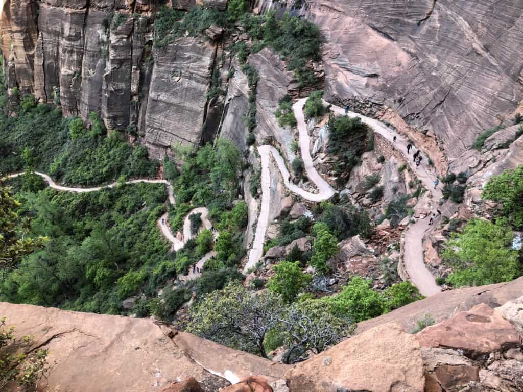 looking down on a hiking trail of switchbacks