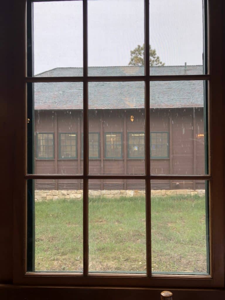 Snow falling outside lodge at Bryce Canyon National Park