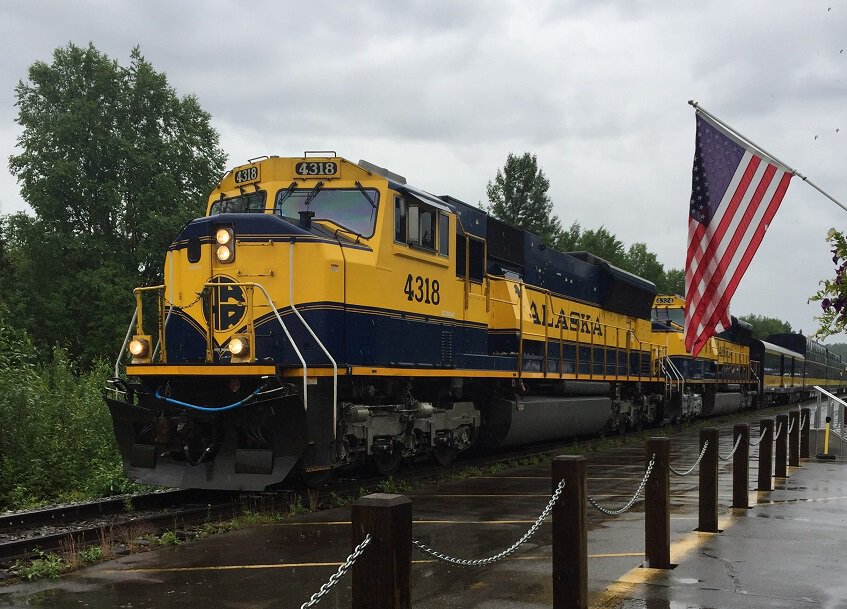 Alaskan Railroad train pulling into the station